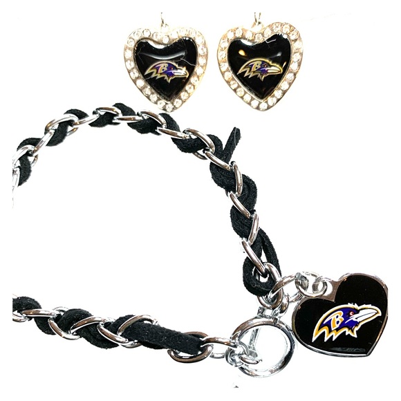 Baltimore Ravens NFL Earrings & Charm Bracelet Set Black Purple - Picture 1 of 6